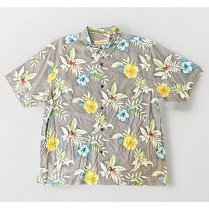 Tommy Bahama Shirt Mens XLarge Gray Silk Hawaiian Floral Aloha Camp S/S ECU